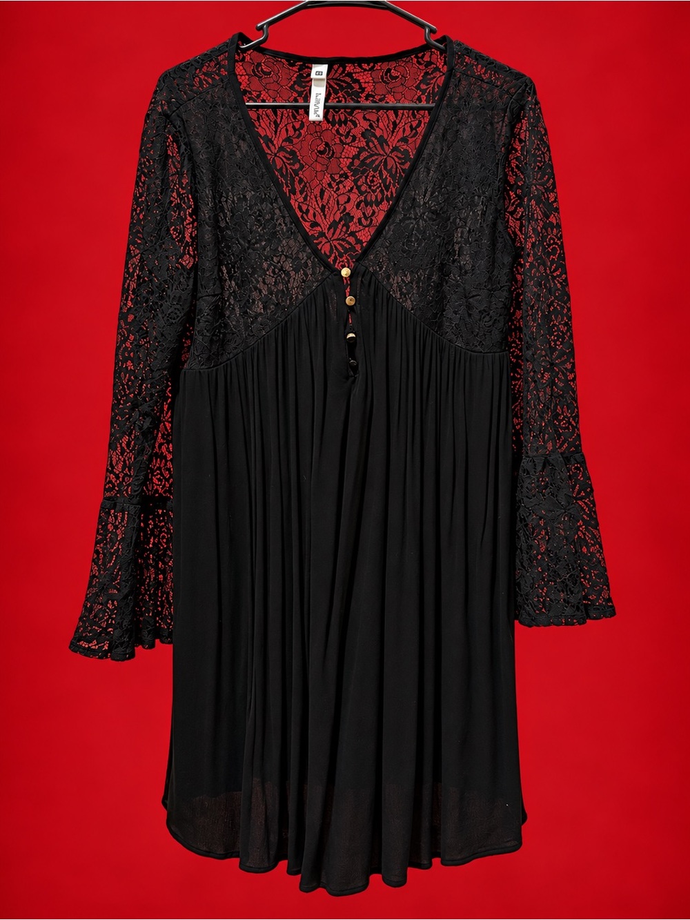 Black Lace V-Neck Women's Top- Elegant Long Sleeve
